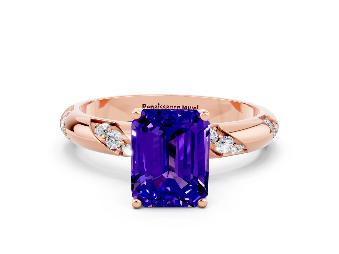 Rose gold Emerald Cut Solitaire Diamond Engagement Ring with Twisted Pave Band and Four-Prong Setting
