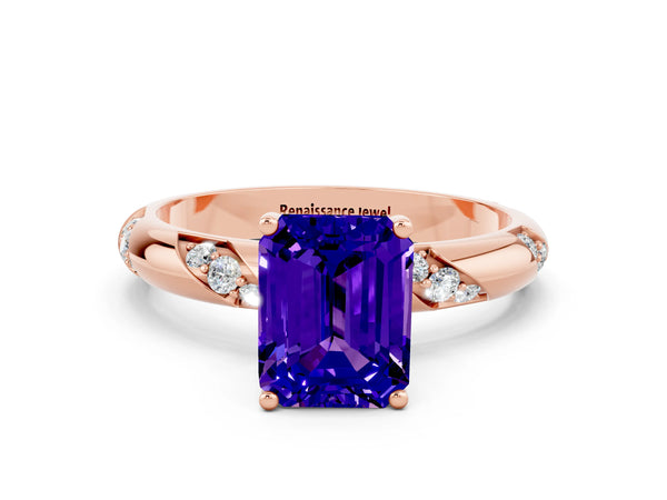 Rose gold Emerald Cut Tanzanite Solitaire Engagement Ring with Twisted Round  Accent Band and Prong Setting