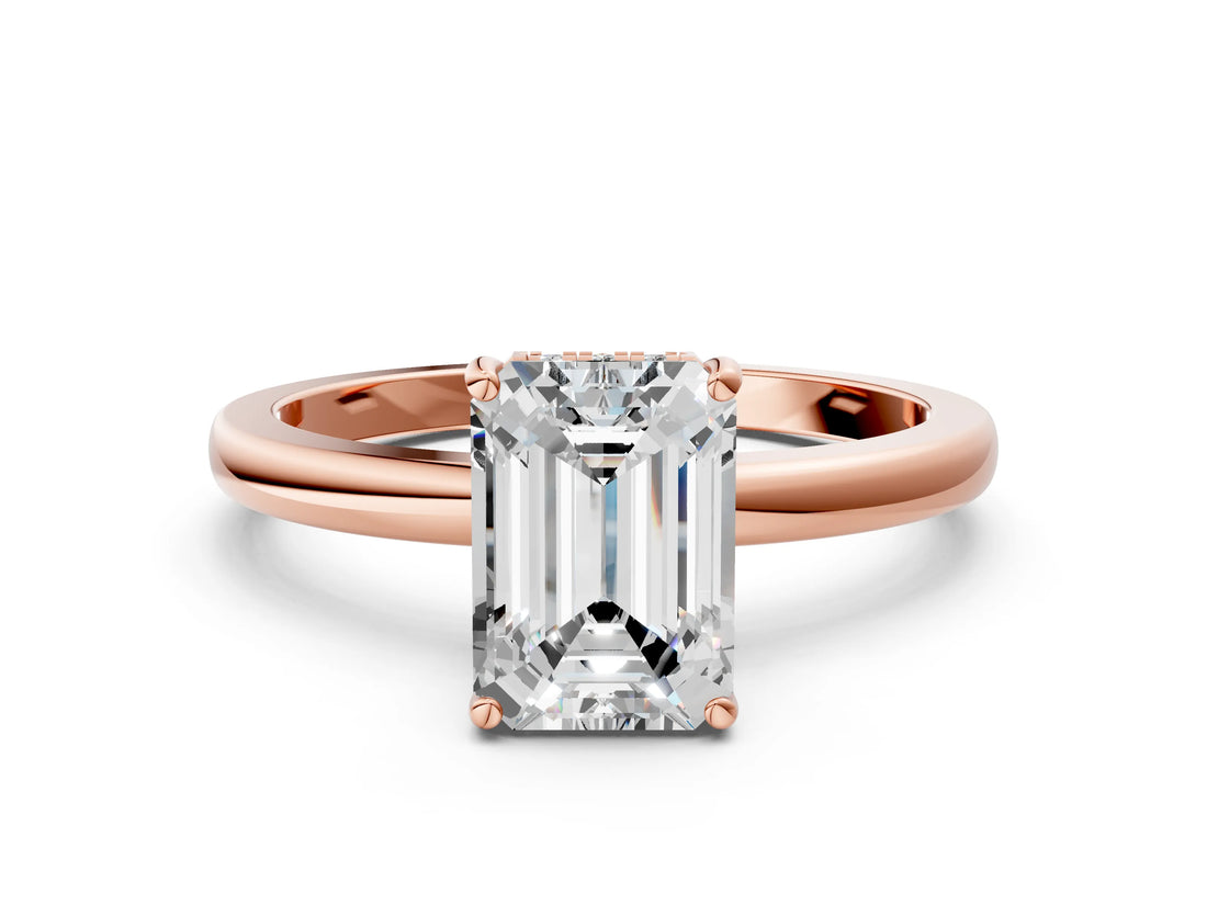 Rose gold Emerald Cut Solitaire Diamond Ring with Prong Setting and Plain Band_3
