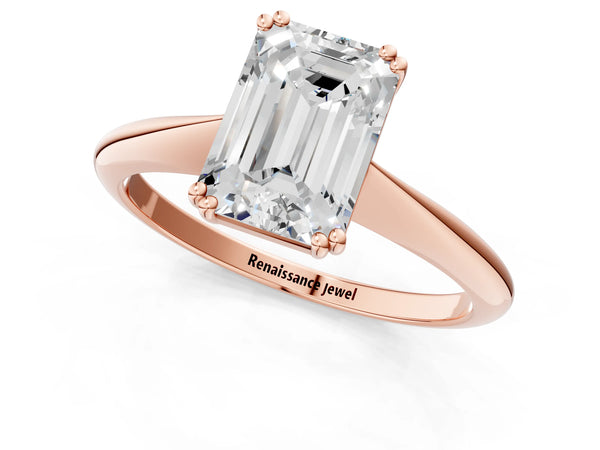 Rose gold Emerald Cut Solitaire Diamond Ring with Six-Prong Setting and Classic Band