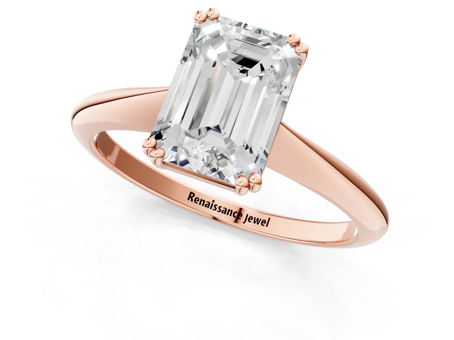 Rose gold Emerald Cut Solitaire Diamond Ring with Six-Prong Setting and Classic Band