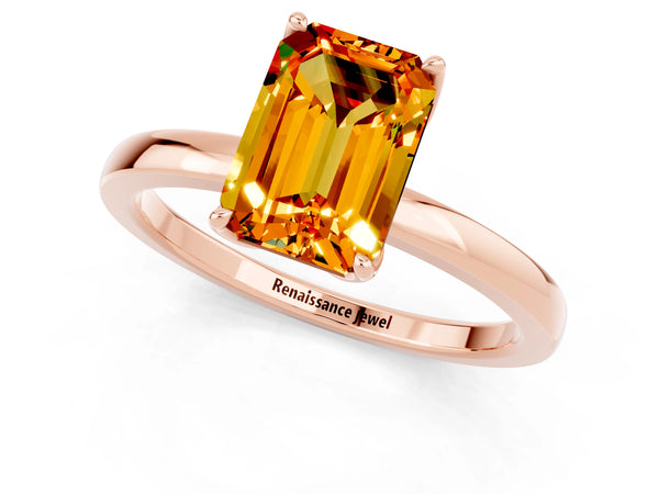 Rose gold Emerald Cut Citrine Solitaire Ring with Thin Band and Prong Setting