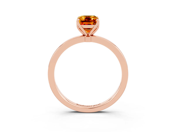 Rose gold Emerald Cut Citrine Solitaire Ring with Thin Band and Prong Setting