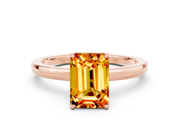 Rose gold Emerald Cut Citrine Solitaire Ring with Thin Band and Prong Setting