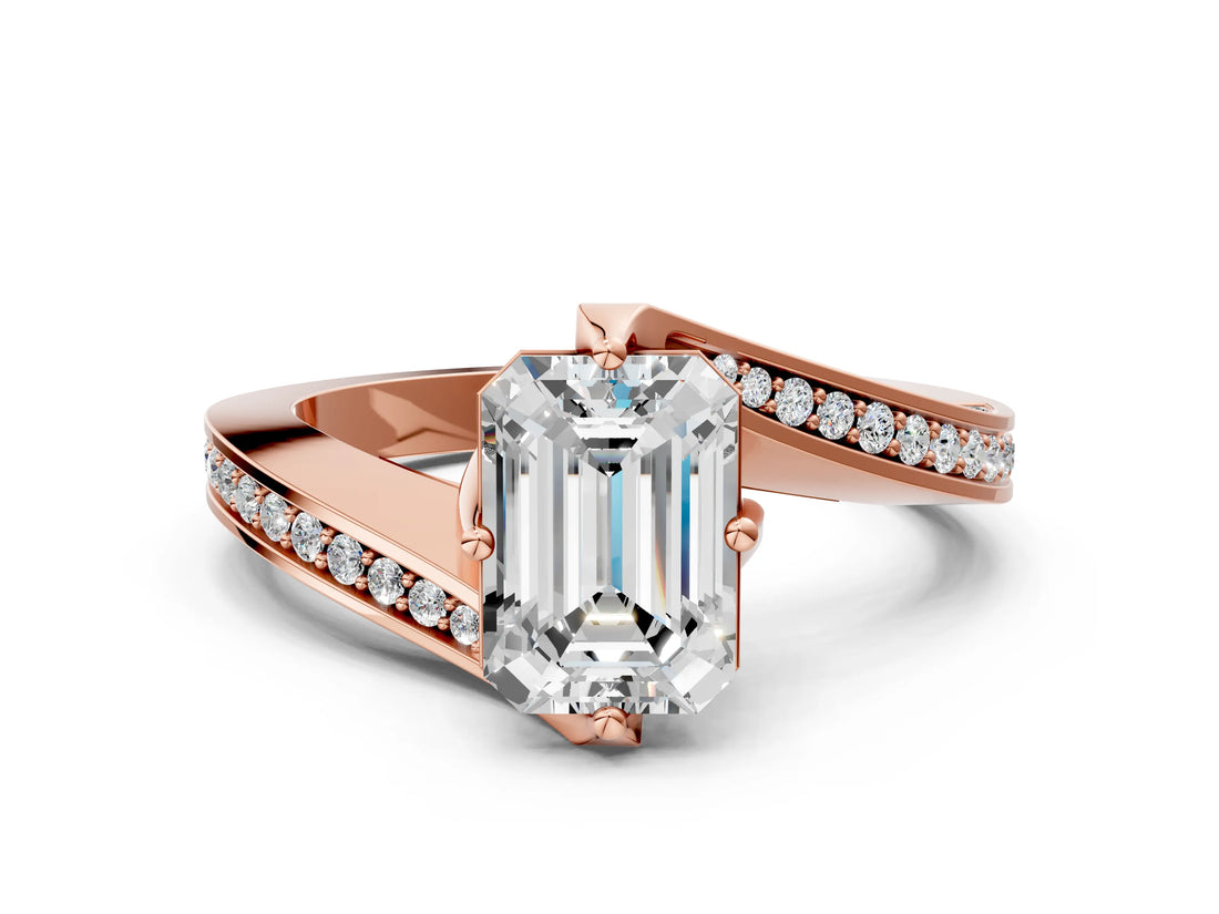 Rose gold Emerald Cut Solitaire Diamond Twist Band with Pavé Setting and Four-Prong Setting_3
