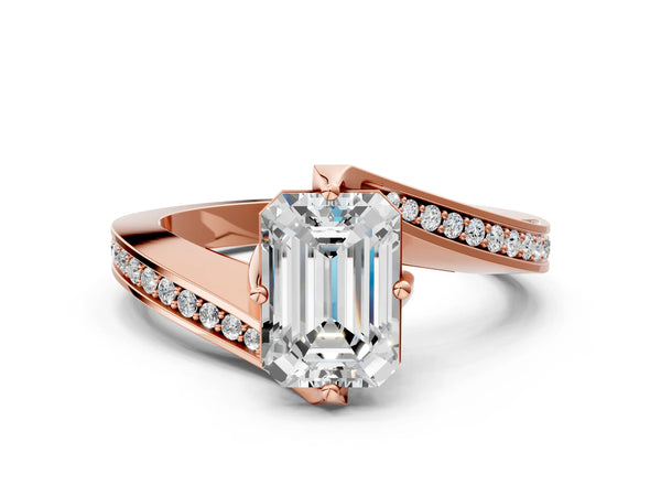 Rose Gold Emerald Cut Bypass Solitaire Engagement Ring Setting with Swirl Pave Band