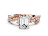Rose gold Emerald Cut Solitaire Diamond Twisted Band with Pave Setting_81