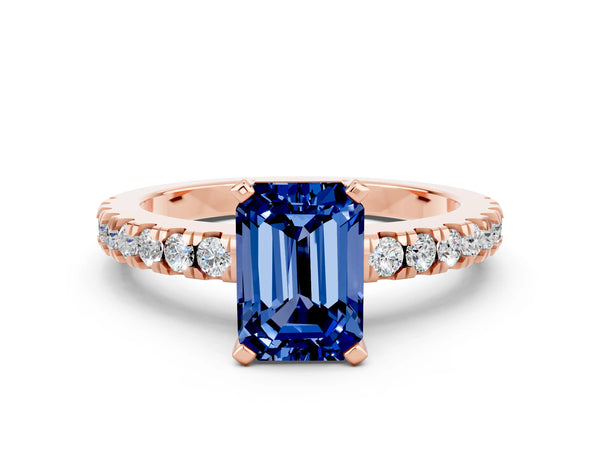 Rose gold Emerald Cut Solitaire Blue Sapphire with Pavé Band and Four-Prong Setting