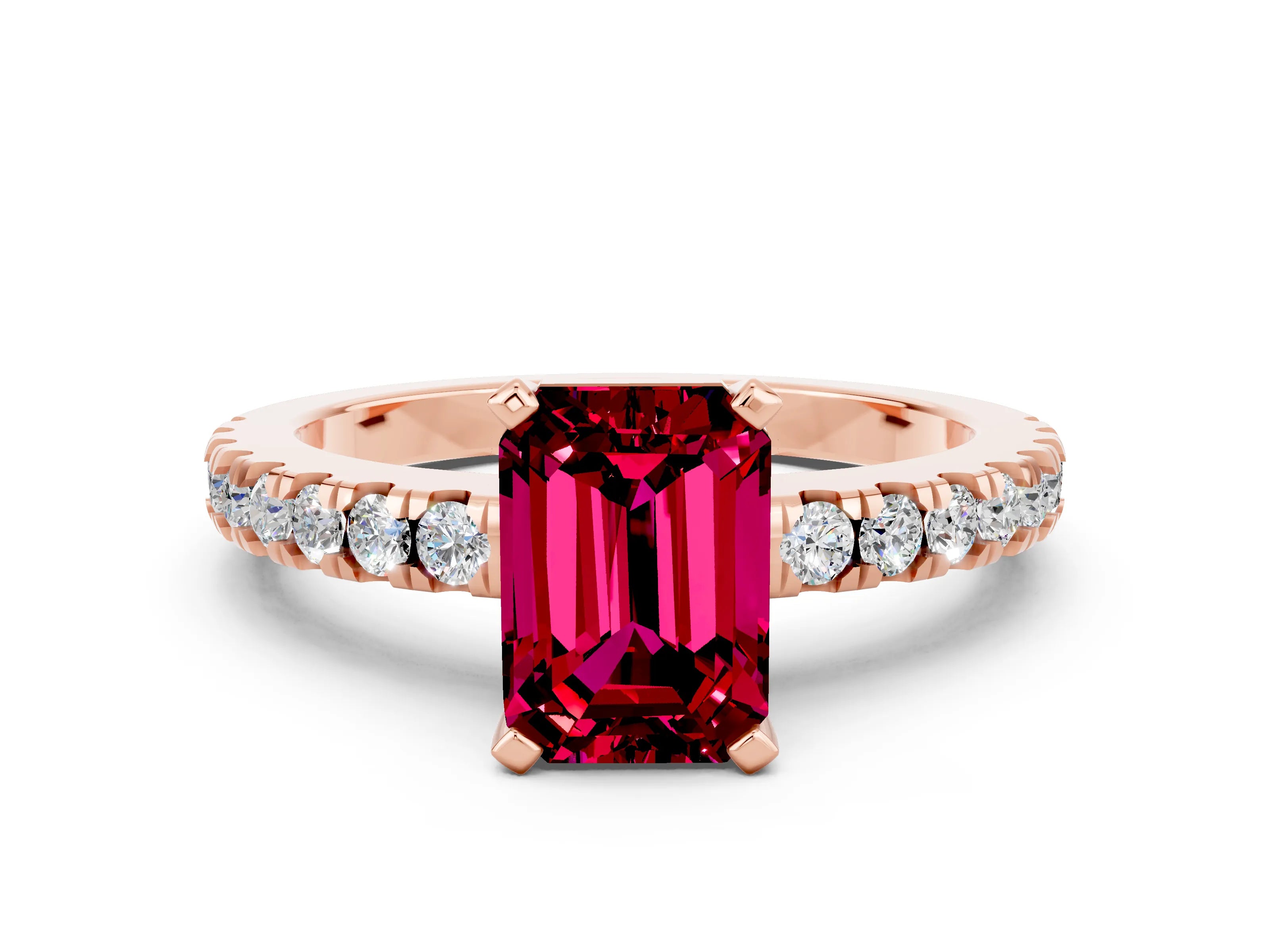Rose gold Emerald Cut Solitaire Diamond with Pavé Band and Four-Prong Setting_12