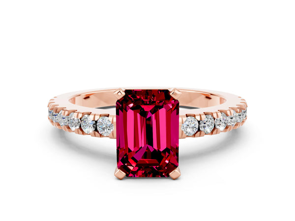 Rose gold Emerald Cut Solitaire Garnet with Pavé Band and Four-Prong Setting