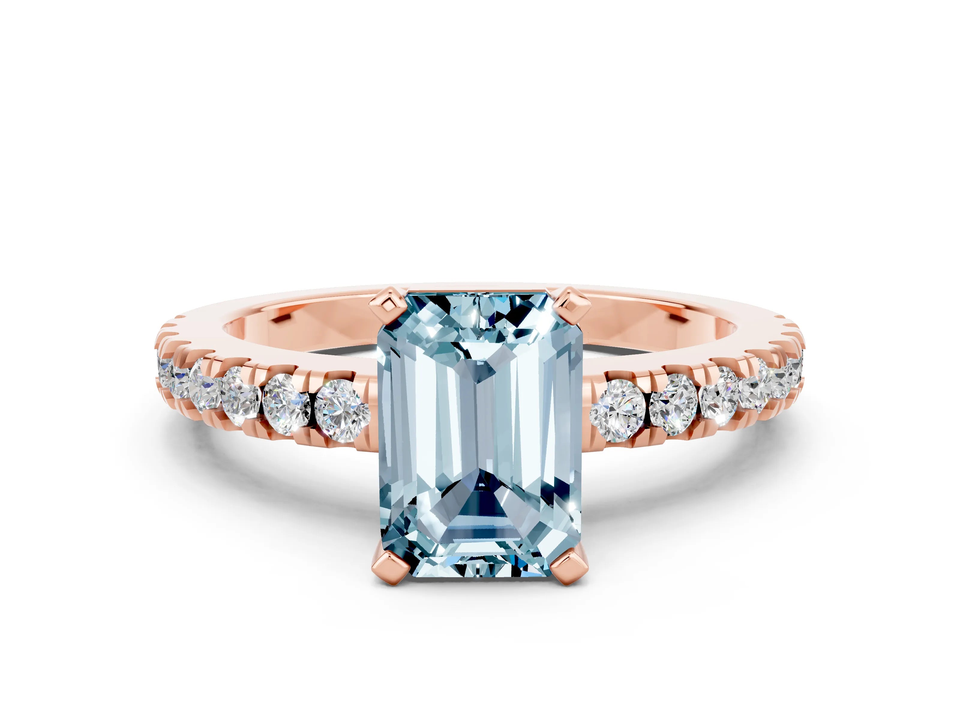 Rose gold Emerald Cut Solitaire Diamond with Pavé Band and Four-Prong Setting_12