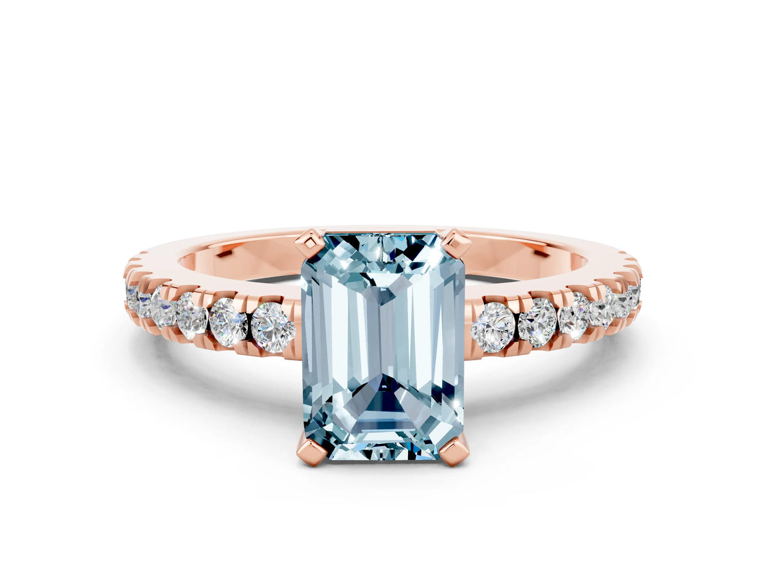 Rose gold Emerald Cut Solitaire Diamond with Pavé Band and Four-Prong Setting_12