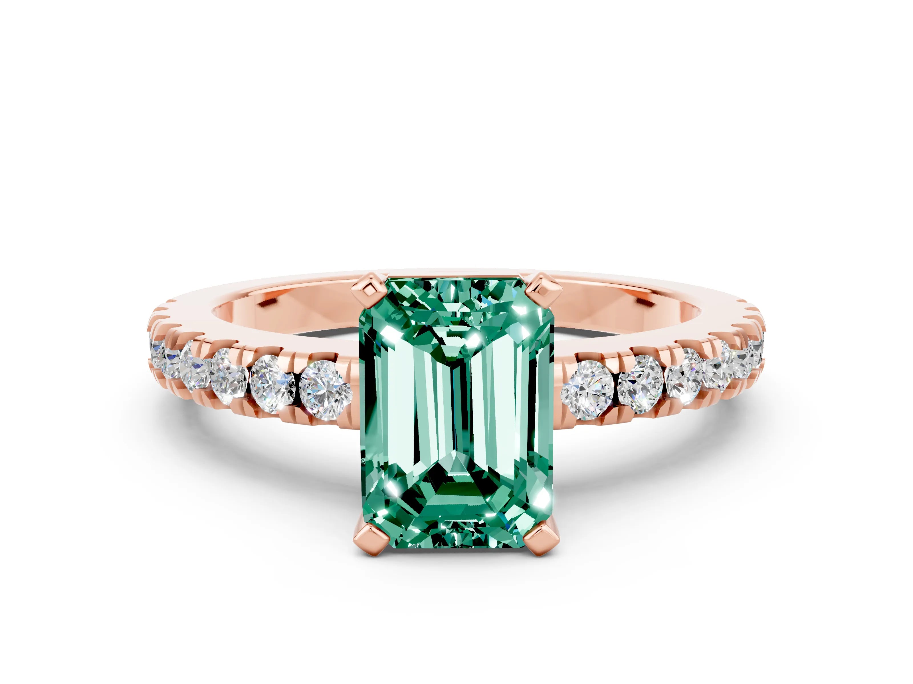 Rose gold Emerald Cut Solitaire Diamond with Pavé Band and Four-Prong Setting_12