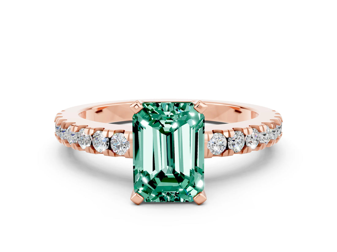 Rose gold Emerald Cut Solitaire Diamond with Pavé Band and Four-Prong Setting_12
