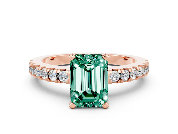 Rose gold Emerald Cut Solitaire Green Sapphire with Pavé Band and Four-Prong Setting