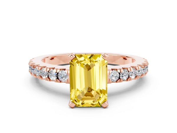Rose gold Emerald Cut Solitaire Yellow Sapphire with Pavé Band and Four-Prong Setting