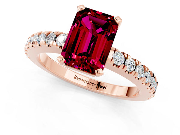 Rose gold Emerald Cut Solitaire Garnet with Pavé Band and Four-Prong Setting