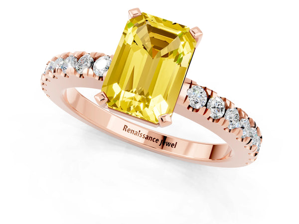 Rose gold Emerald Cut Solitaire Yellow Sapphire with Pavé Band and Four-Prong Setting
