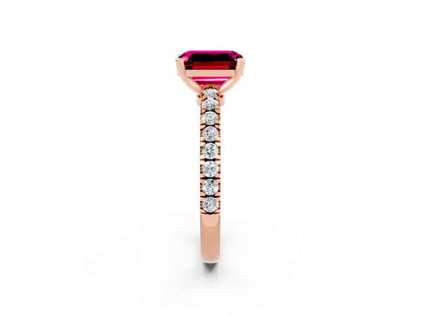 Rose gold Emerald Cut Solitaire Garnet with Pavé Band and Four-Prong Setting