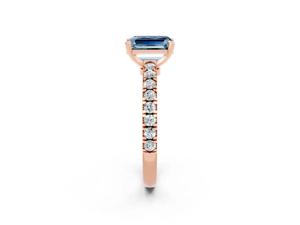 Rose gold Emerald Cut Solitaire Aquamarine with Pavé Band and Four-Prong Setting
