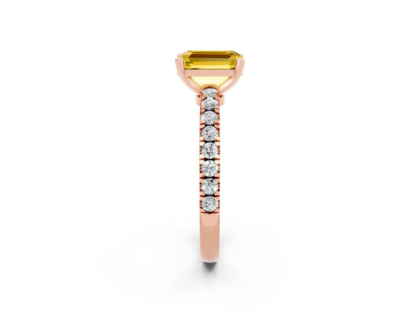Rose gold Emerald Cut Solitaire Yellow Sapphire with Pavé Band and Four-Prong Setting