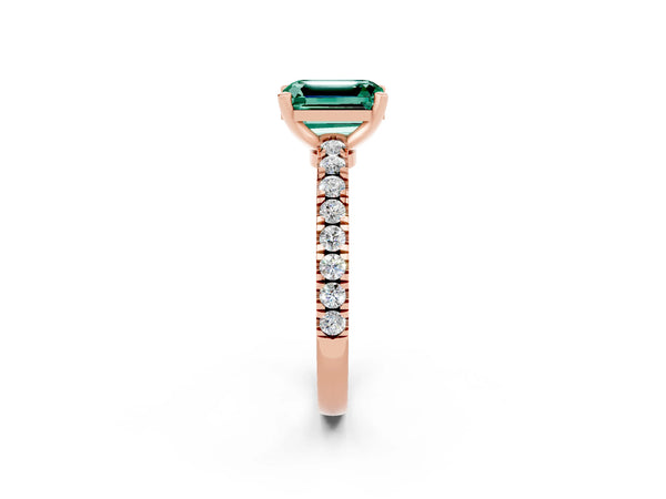 Rose gold Emerald Cut Solitaire Green Sapphire with Pavé Band and Four-Prong Setting