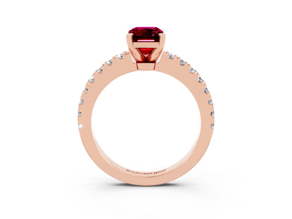 Rose gold Emerald Cut Solitaire Garnet with Pavé Band and Four-Prong Setting