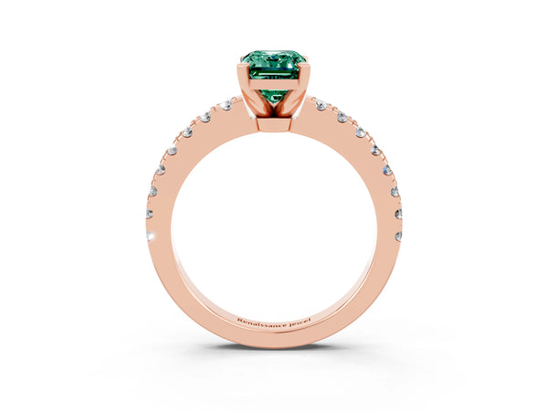 Rose gold Emerald Cut Solitaire Green Sapphire with Pavé Band and Four-Prong Setting