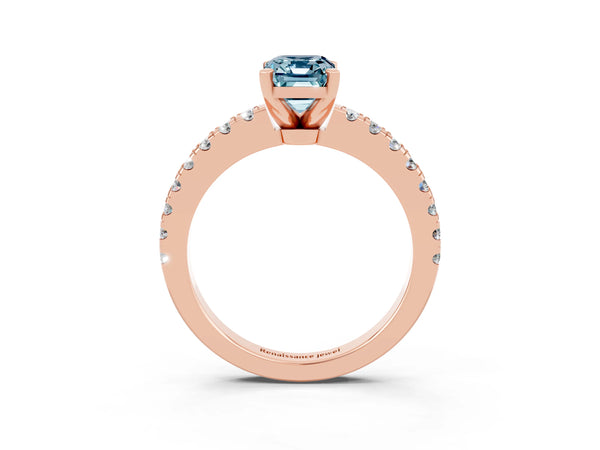 Rose gold Emerald Cut Solitaire Aquamarine with Pavé Band and Four-Prong Setting