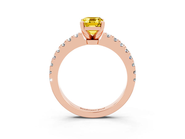 Rose gold Emerald Cut Solitaire Yellow Sapphire with Pavé Band and Four-Prong Setting