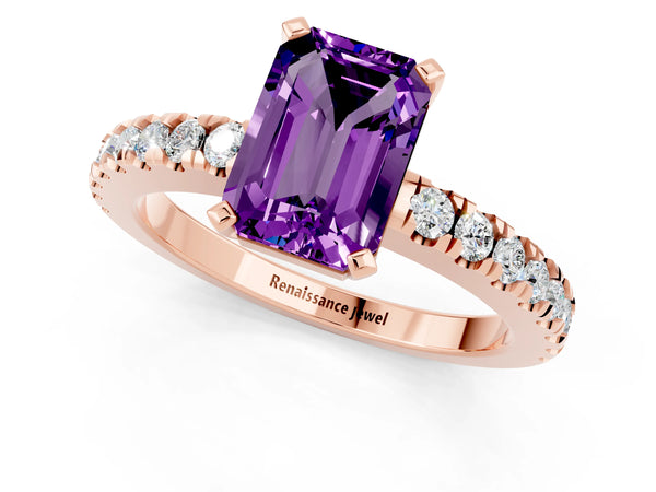 Rose gold Emerald Cut Solitaire Amethyst with Pavé Band and Four-Prong Setting