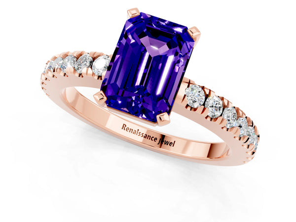 Rose gold Emerald Cut Solitaire Tanzanite with Pavé Band and Four-Prong Setting