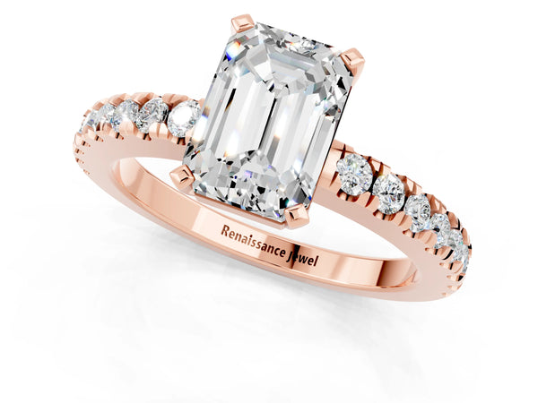 Rose gold Emerald Cut Solitaire Moissanite with Pavé Band and Four-Prong Setting