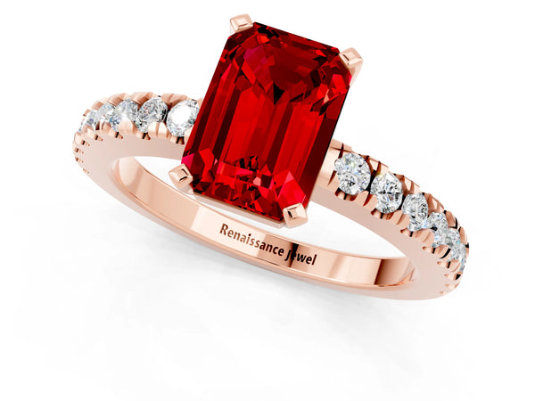 Rose gold Emerald Cut Solitaire Ruby with Pavé Band and Four-Prong Setting