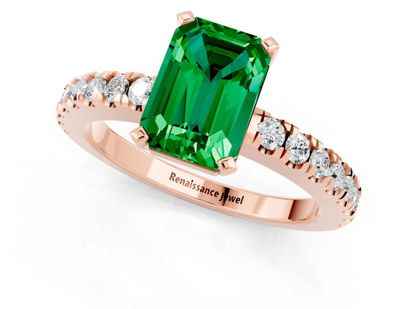 Rose gold Emerald Cut Solitaire Emerald with Pavé Band and Four-Prong Setting