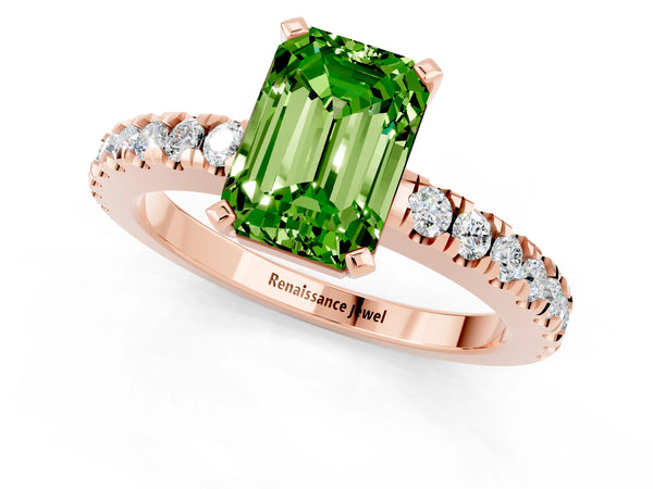 Rose gold Emerald Cut Solitaire Peridot with Pavé Band and Four-Prong Setting