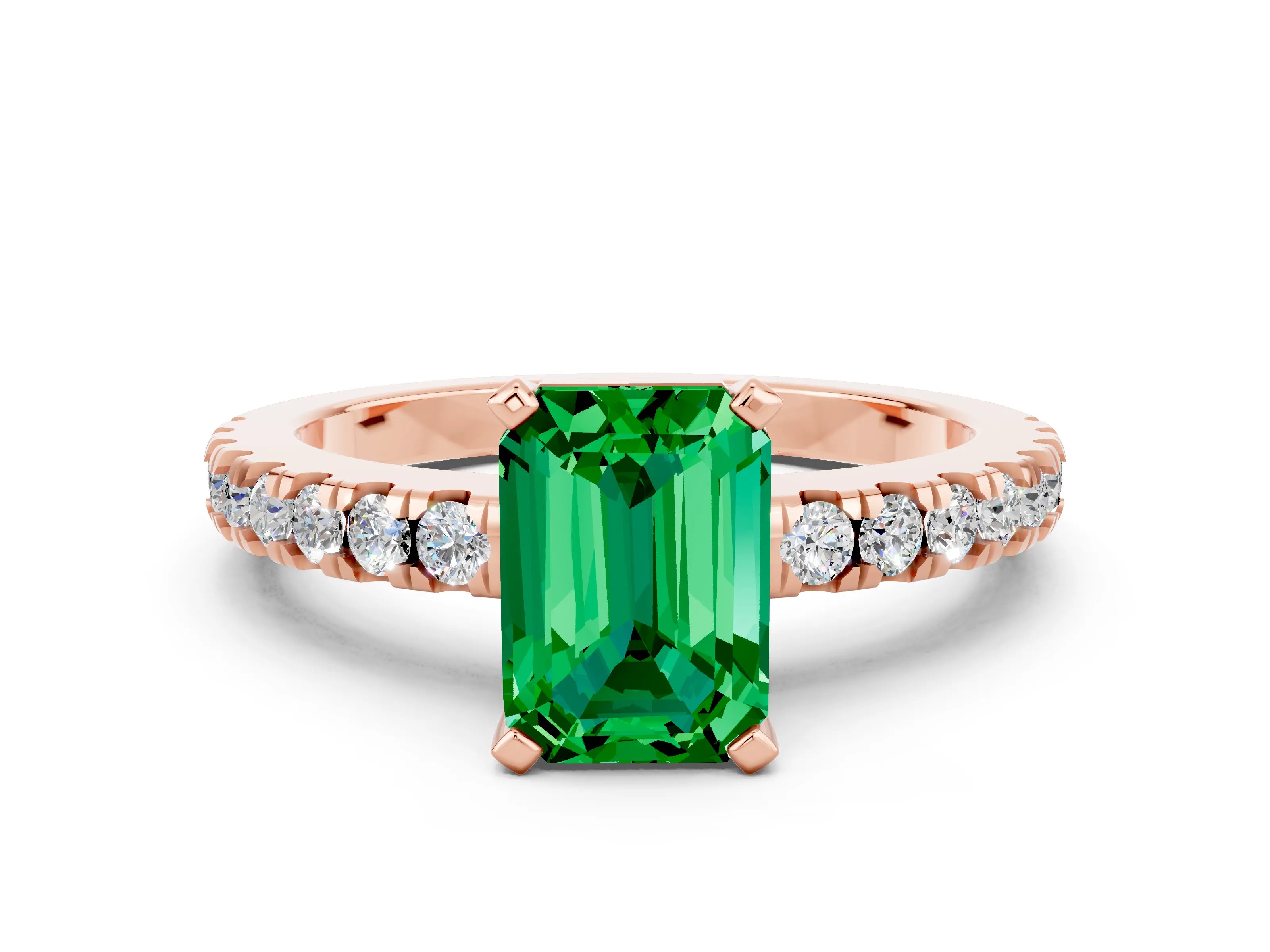 Rose gold Emerald Cut Solitaire Diamond with Pavé Band and Four-Prong Setting