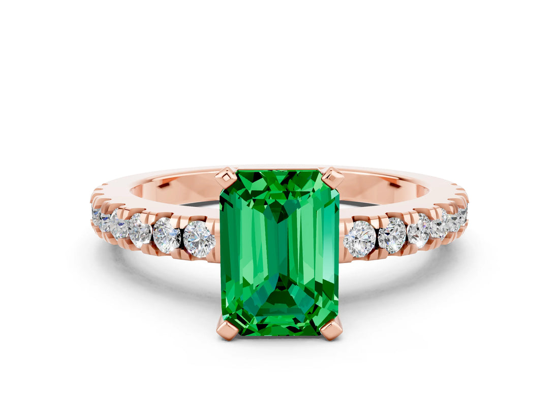 Rose gold Emerald Cut Solitaire Diamond with Pavé Band and Four-Prong Setting