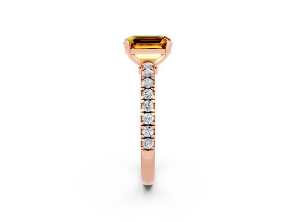 Rose gold Emerald Cut Solitaire Citrine with Pavé Band and Four-Prong Setting