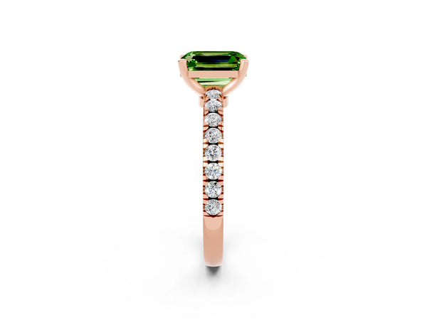 Rose gold Emerald Cut Solitaire Peridot with Pavé Band and Four-Prong Setting