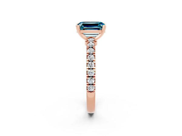 Rose gold Emerald Cut Solitaire Diamond with Pavé Band and Four-Prong Setting