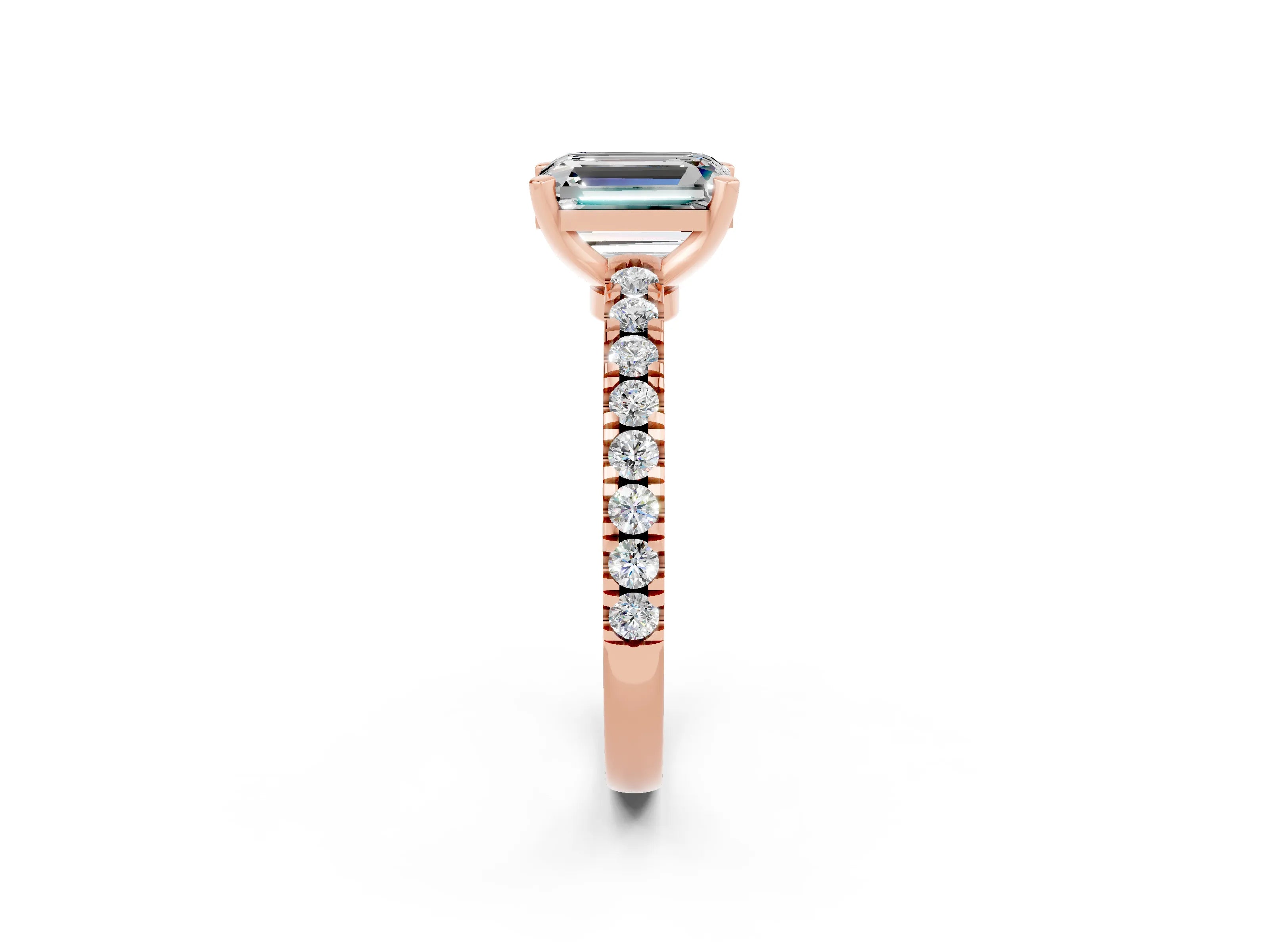 Rose gold Emerald Cut Solitaire Diamond with Pavé Band and Four-Prong Setting_2