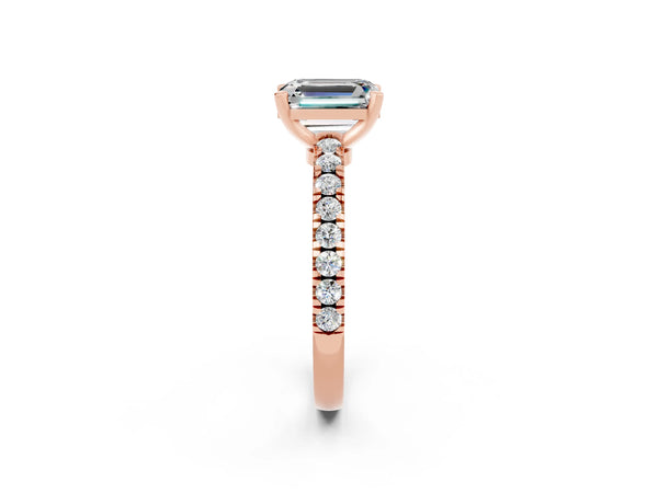Rose gold Emerald Cut Solitaire Moissanite with Pavé Band and Four-Prong Setting