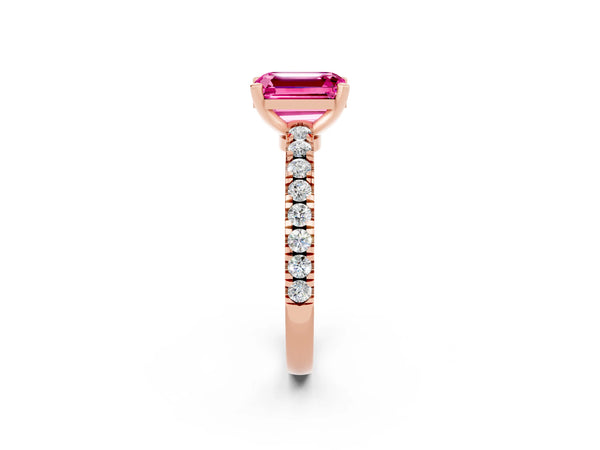 Rose gold Emerald Cut Solitaire Pink Sapphire with Pavé Band and Four-Prong Setting