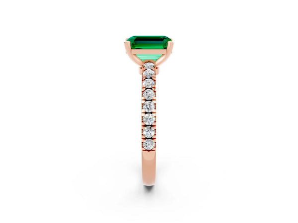 Rose gold Emerald Cut Solitaire Emerald with Pavé Band and Four-Prong Setting