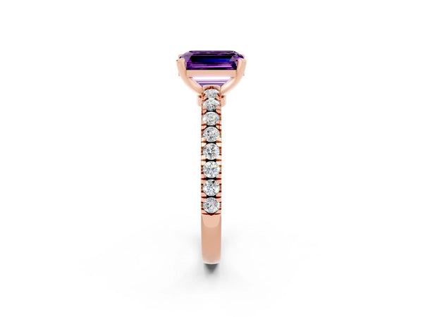 Rose gold Emerald Cut Solitaire Amethyst with Pavé Band and Four-Prong Setting