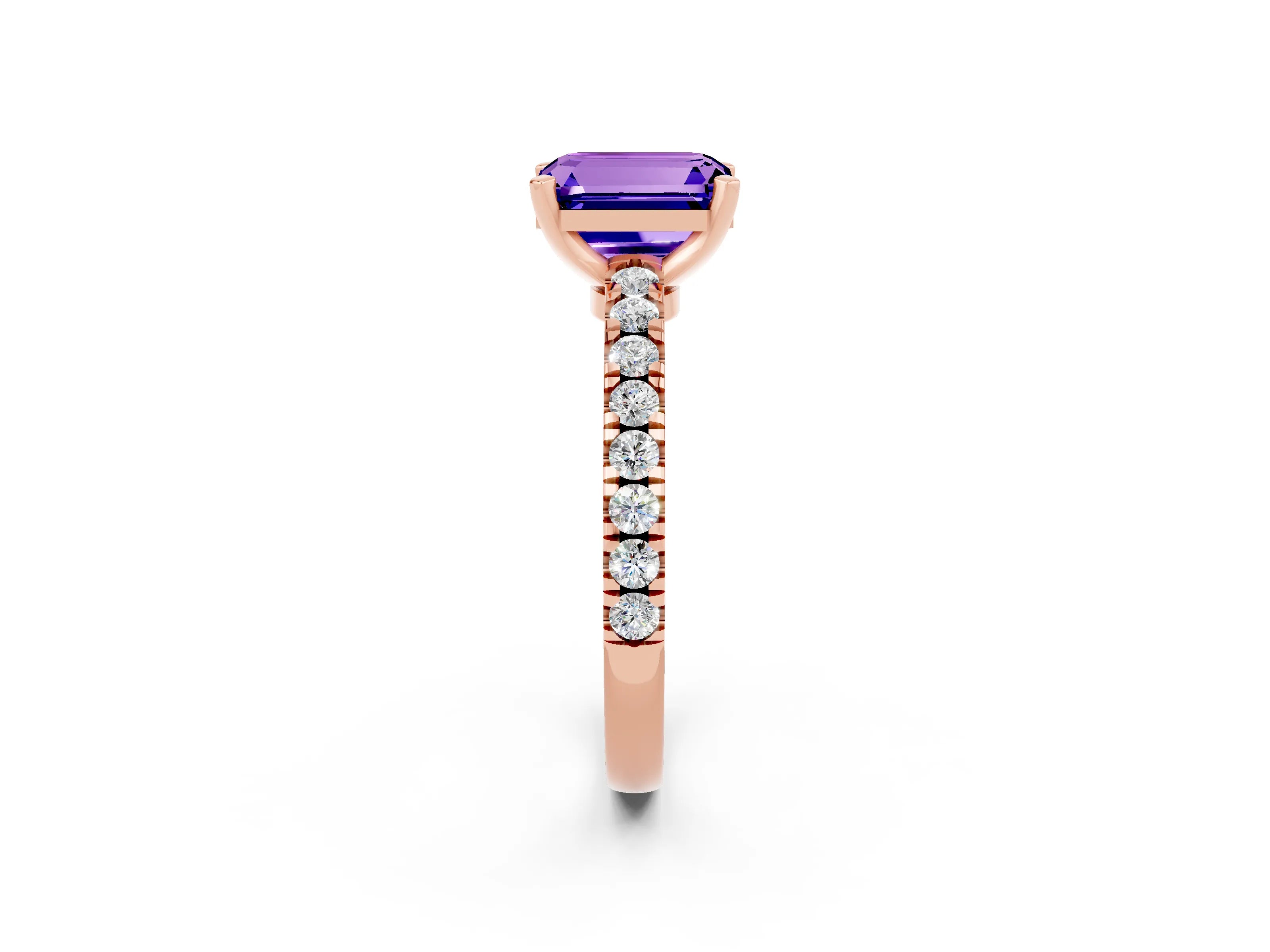 Rose gold Emerald Cut Solitaire Diamond with Pavé Band and Four-Prong Setting_2