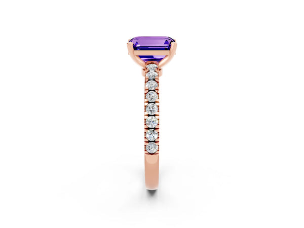 Rose gold Emerald Cut Solitaire Tanzanite with Pavé Band and Four-Prong Setting