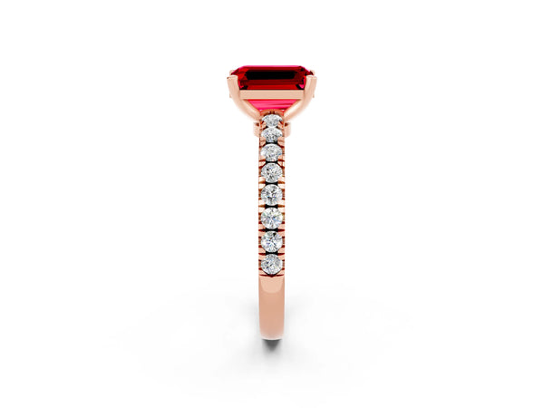 Rose gold Emerald Cut Solitaire Ruby with Pavé Band and Four-Prong Setting