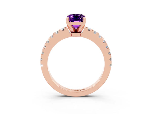 Rose gold Emerald Cut Solitaire Amethyst with Pavé Band and Four-Prong Setting